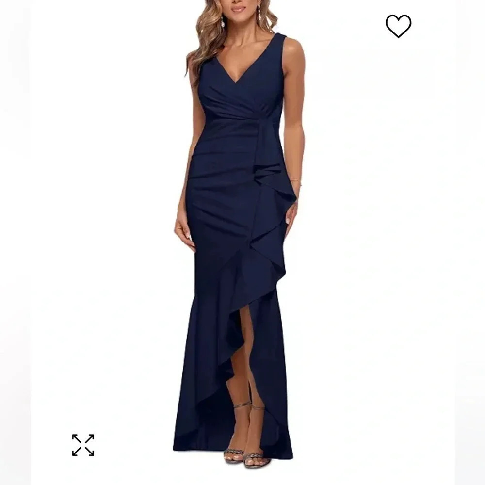 Betsy Adam Ruffled High Liw Mermaid Dress-Navy Blue, Size 4-Elegant, Stunning